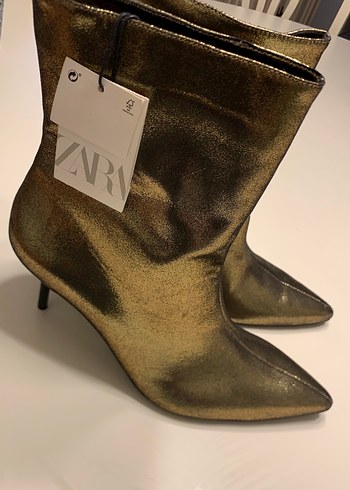 Altın Renkli Deri Stiletto Şık Hiç Kullanılmamış Zara Kadın Bot - Görsel 2