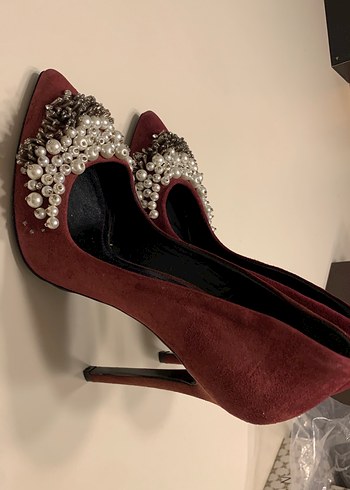 Bordo Süet İnci İşlemeli Topuklu Stiletto - Görsel 5