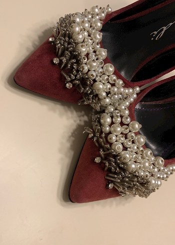 Bordo Süet İnci İşlemeli Topuklu Stiletto - Görsel 6
