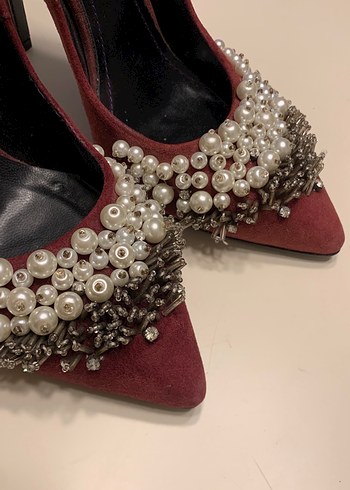 Bordo Süet İnci İşlemeli Topuklu Stiletto - Görsel 2