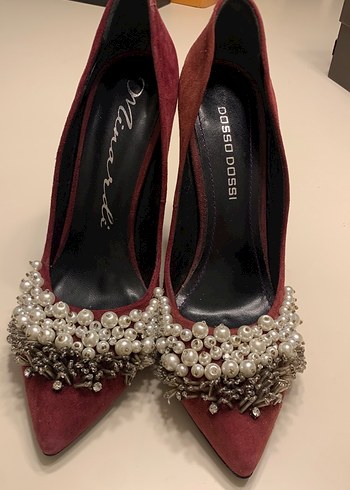 Bordo Süet İnci İşlemeli Topuklu Stiletto - Görsel 7