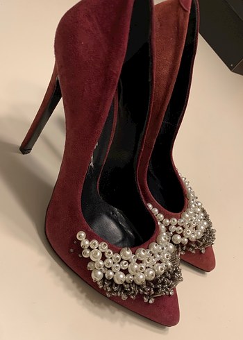 Bordo Süet İnci İşlemeli Topuklu Stiletto - Görsel 3