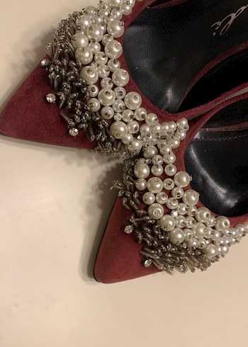 Bordo Süet İnci İşlemeli Topuklu Stiletto - Görsel 9