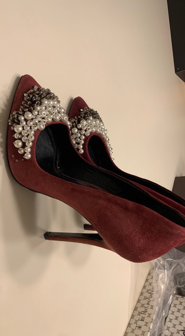Bordo Süet İnci İşlemeli Topuklu Stiletto - Görsel 5