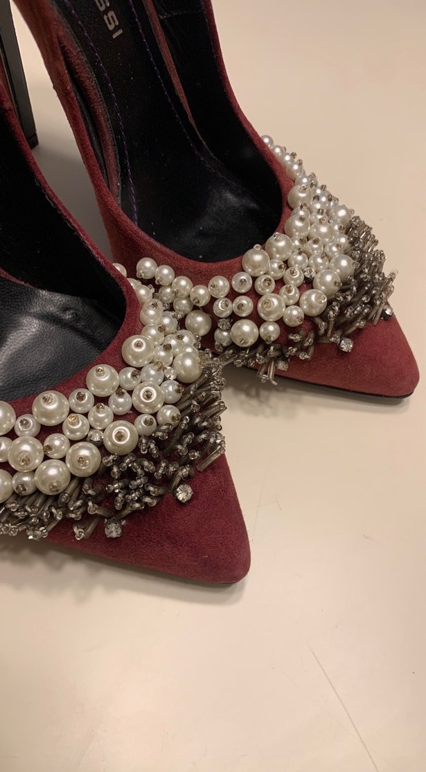 Bordo Süet İnci İşlemeli Topuklu Stiletto - Görsel 2