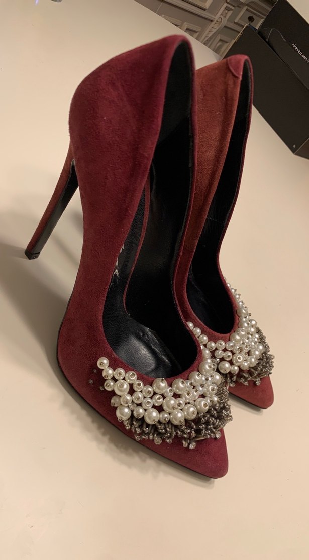 Bordo Süet İnci İşlemeli Topuklu Stiletto - Görsel 3