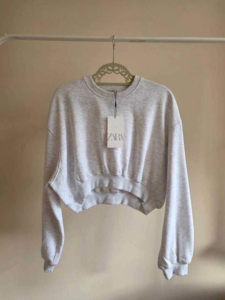 Zara gri basic crop sweatshirt - Görsel 4