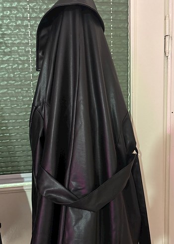 Siyah Deri Kadın Ceket, Uzun, Gevşek Kesim - Görsel 2