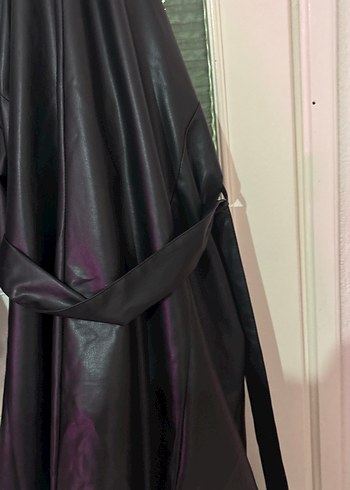 Siyah Deri Kadın Ceket, Uzun, Gevşek Kesim - Görsel 3