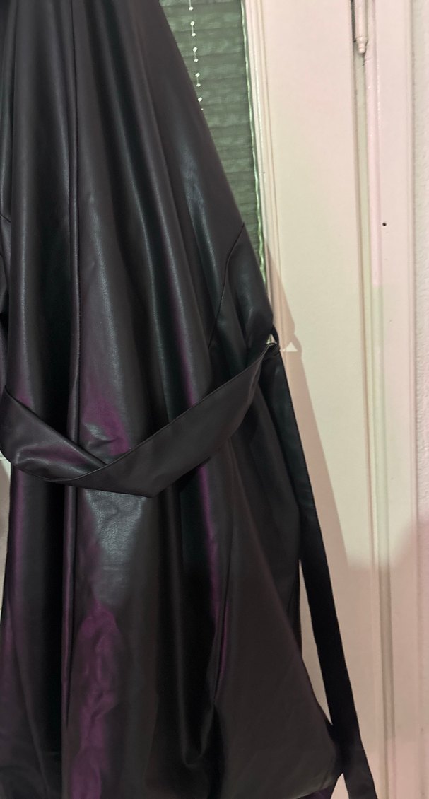 Siyah Deri Kadın Ceket, Uzun, Gevşek Kesim - Görsel 3