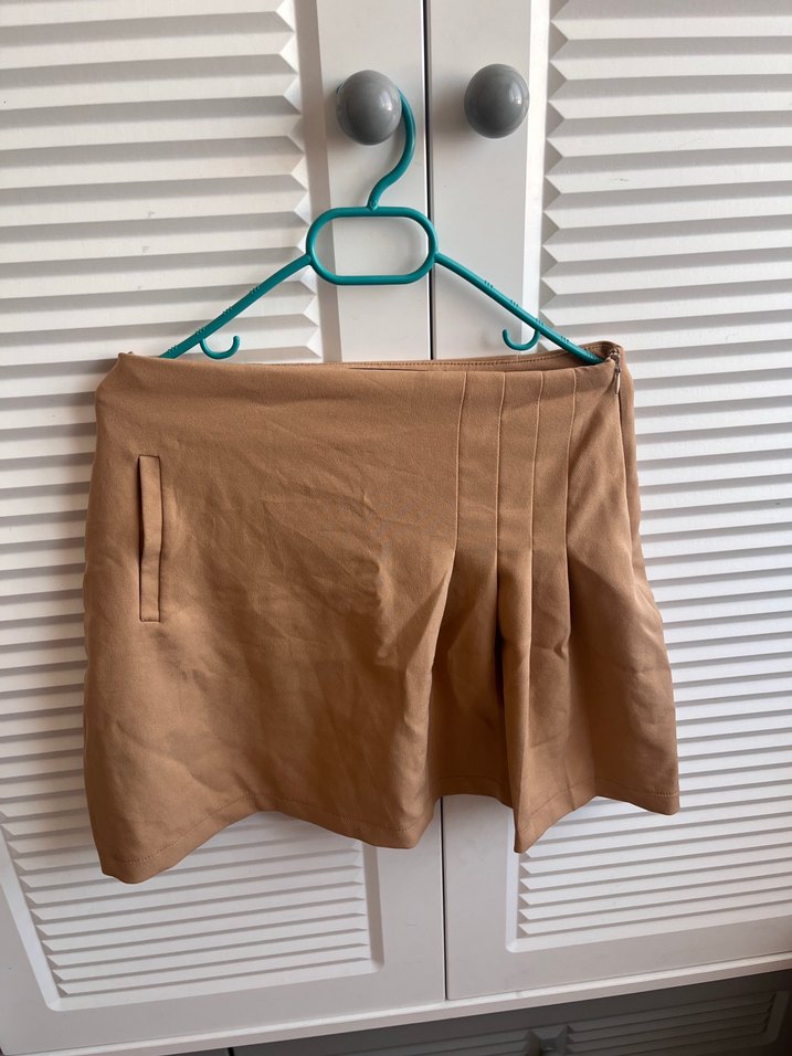 Bej Süet Pilili Mini Etek - Görsel 2