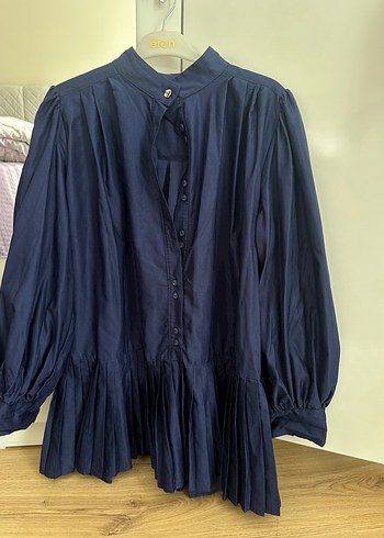 Lacivert Pileli Keten Midi Gömlek - Görsel 5