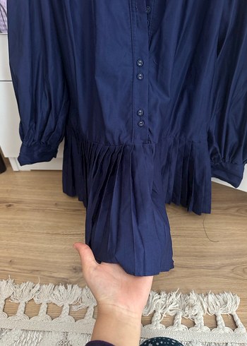 Lacivert Pileli Keten Midi Gömlek - Görsel 6