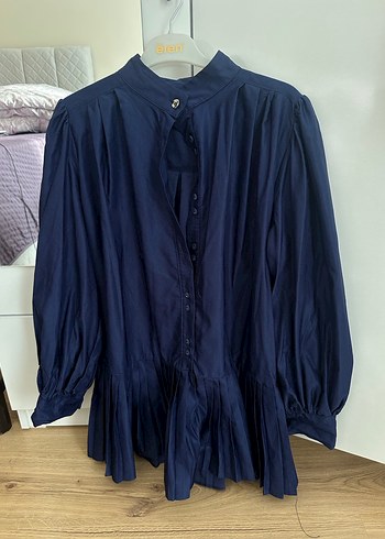 Lacivert Pileli Keten Midi Gömlek - Görsel 3