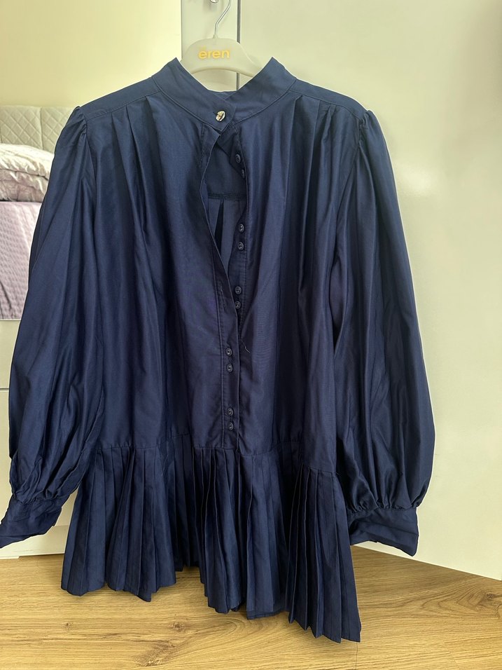 Lacivert Pileli Keten Midi Gömlek - Görsel 5