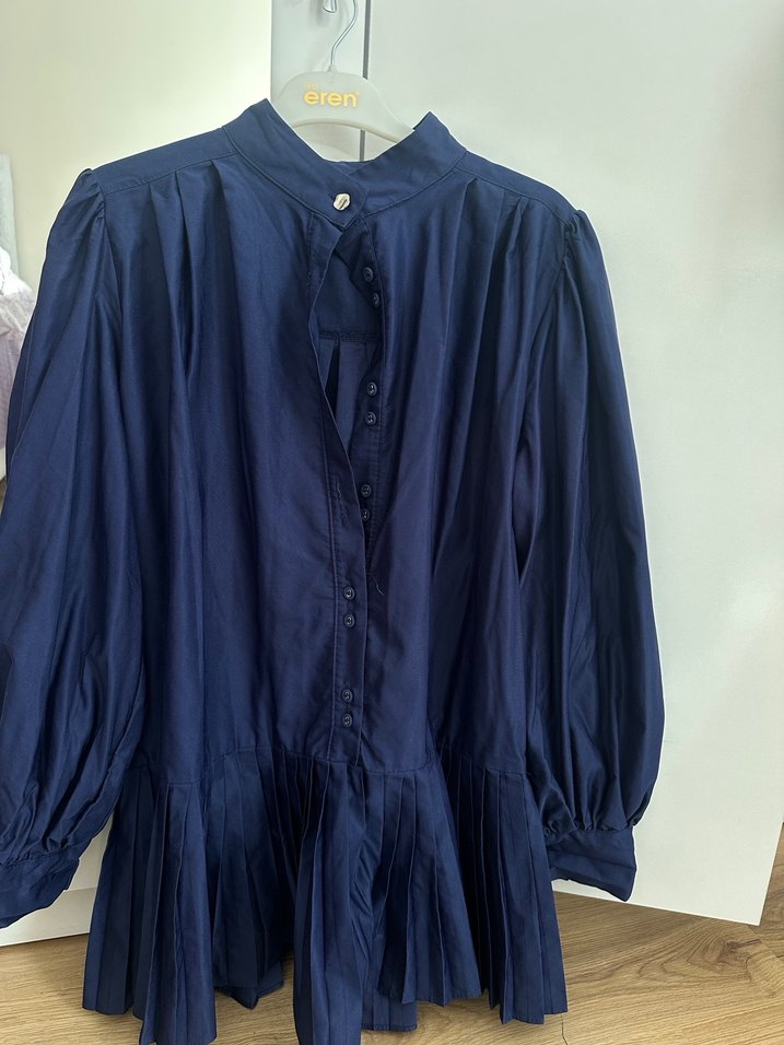 Lacivert Pileli Keten Midi Gömlek - Görsel 2