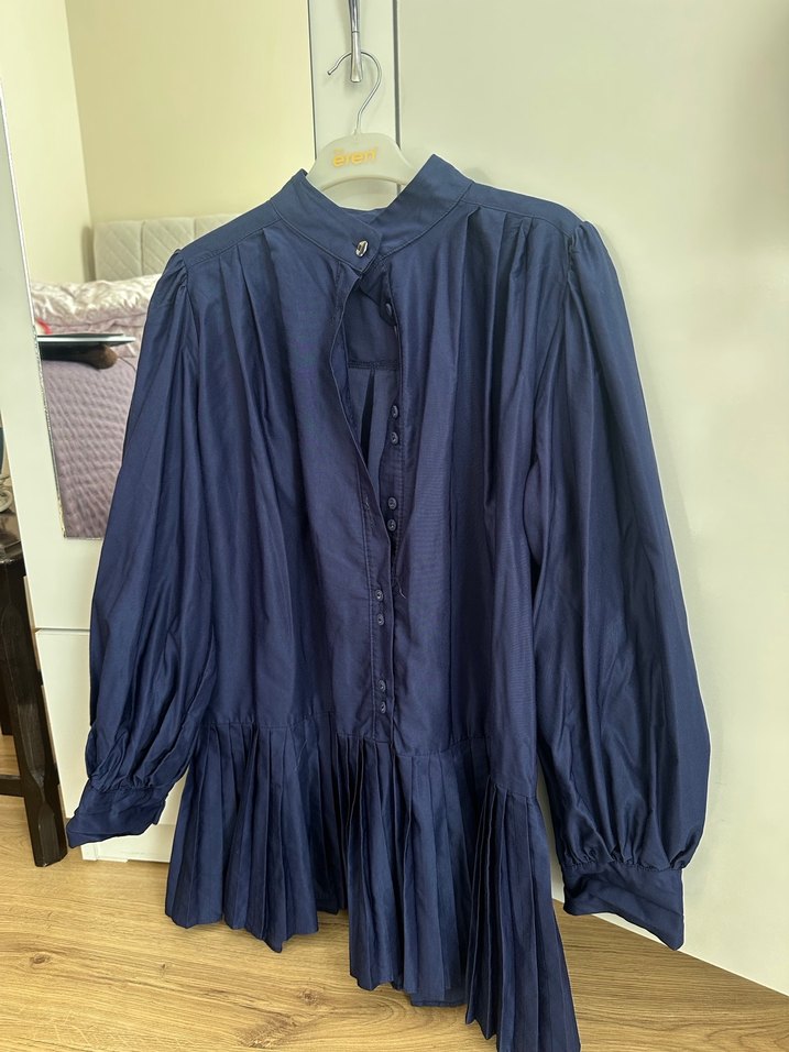 Lacivert Pileli Keten Midi Gömlek - Görsel 4