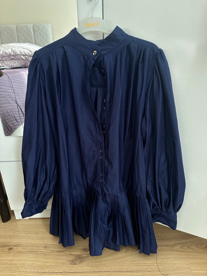 Lacivert Pileli Keten Midi Gömlek - Görsel 3