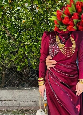 38 Beden bordo Renk Tesettür abiye gece kıyafeti 