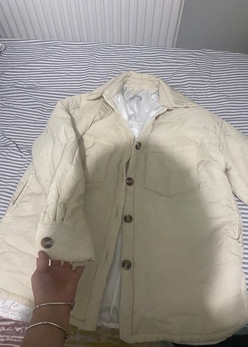 Düğmeli Beyaz Keten Kadın Ceket - Görsel 2