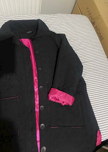 Düğmeli Siyah Kadın Ceket Pembe Astarlı - Görsel 3