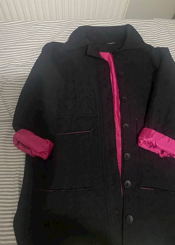 Düğmeli Siyah Kadın Ceket Pembe Astarlı - Görsel 4