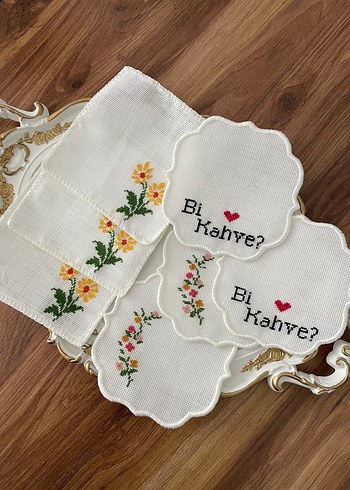 Beden Nakışlı Vintage Kahve Altlığı Takımı