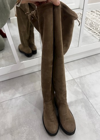 Elle Bej Süet Dizüstü Topuklu Kadın Çizme - Görsel 2