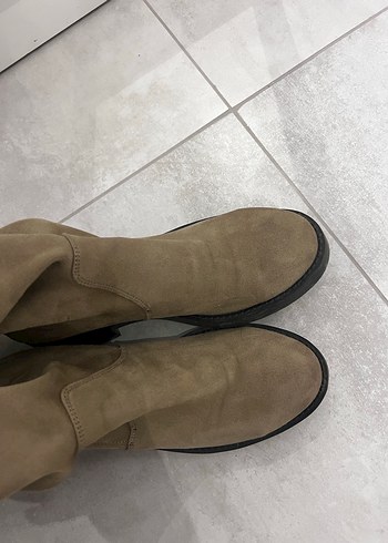 Elle Bej Süet Dizüstü Topuklu Kadın Çizme - Görsel 4