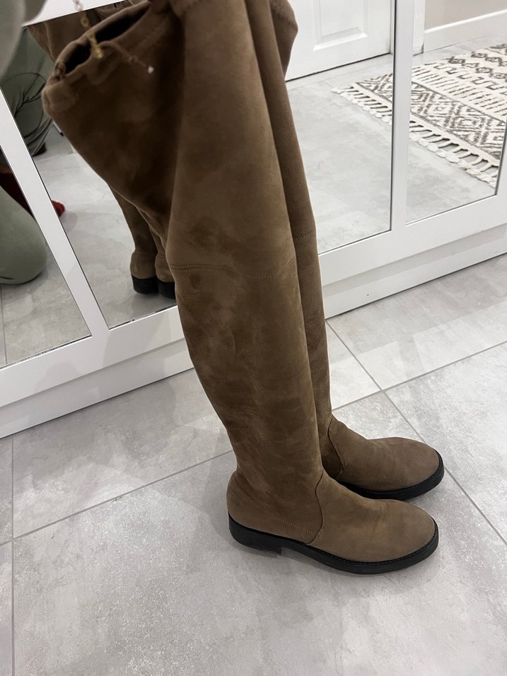 Elle Bej Süet Dizüstü Topuklu Kadın Çizme - Görsel 3