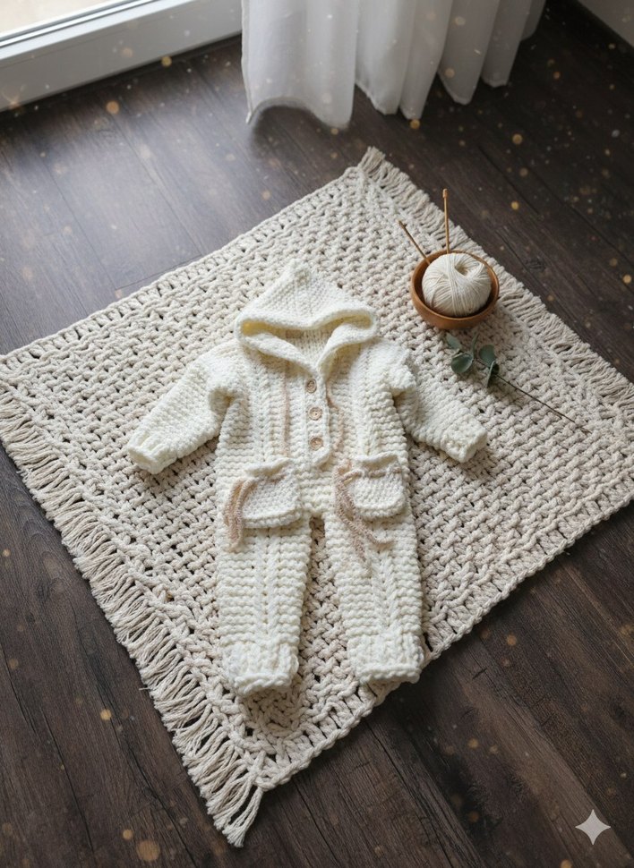 Bebek Örgü Kapüşonlu Tulum - Görsel 2