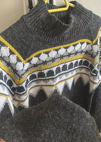 Bohem Gri Desenli Yüksek Yakalı Triko Kazak - Görsel 2