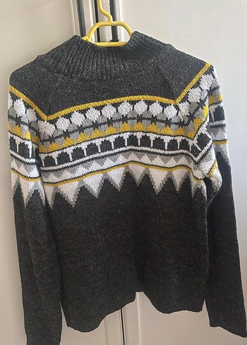 Bohem Gri Desenli Yüksek Yakalı Triko Kazak - Görsel 4