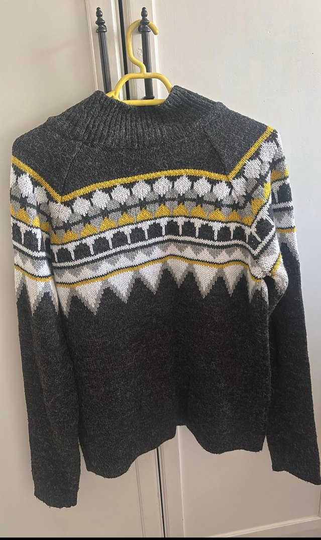 Bohem Gri Desenli Yüksek Yakalı Triko Kazak - Görsel 4