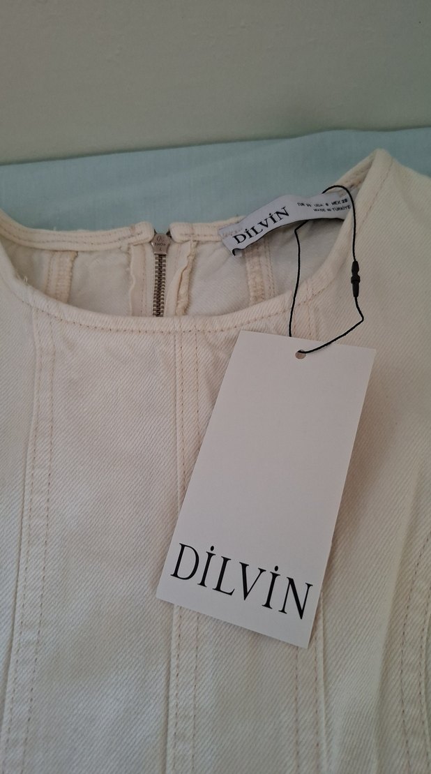 Beyaz Keten Pilili Midi Elbise - Görsel 2