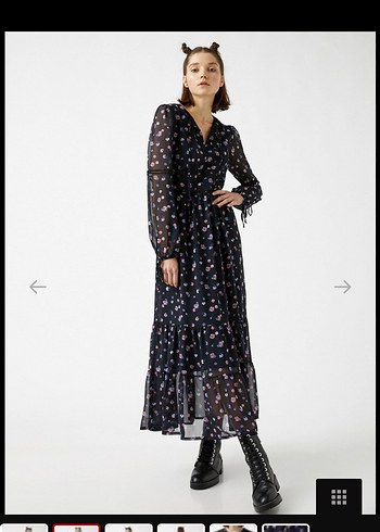 Uzun Siyah Desenli V Yaka Elbise - Görsel 5