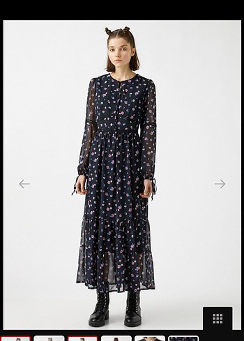 Uzun Siyah Desenli V Yaka Elbise - Görsel 6