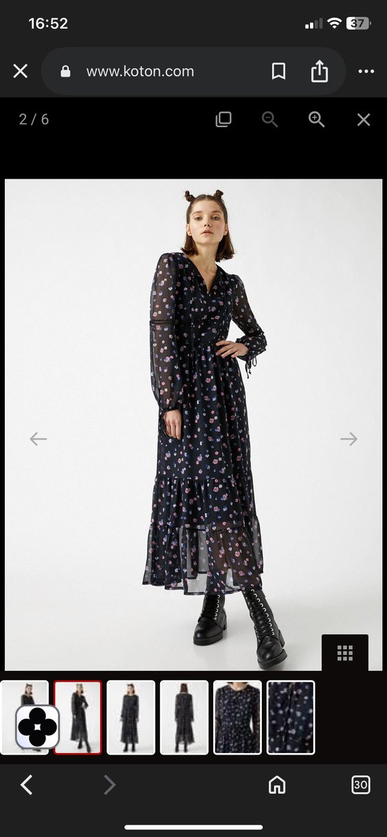 Uzun Siyah Desenli V Yaka Elbise - Görsel 5