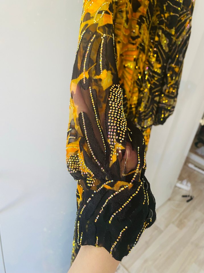 Sarı Siyah Pilili Uzun Bohem Elbise - Görsel 4