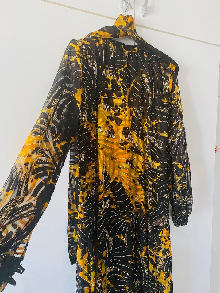 Sarı Siyah Pilili Uzun Bohem Elbise - Görsel 2