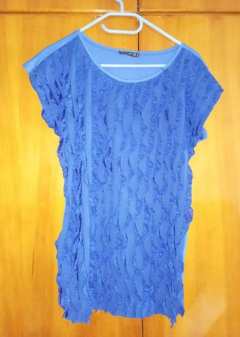 Mavi Keten  Tişörtü, Fırfırlı, Kısa Kollu - Görsel 2