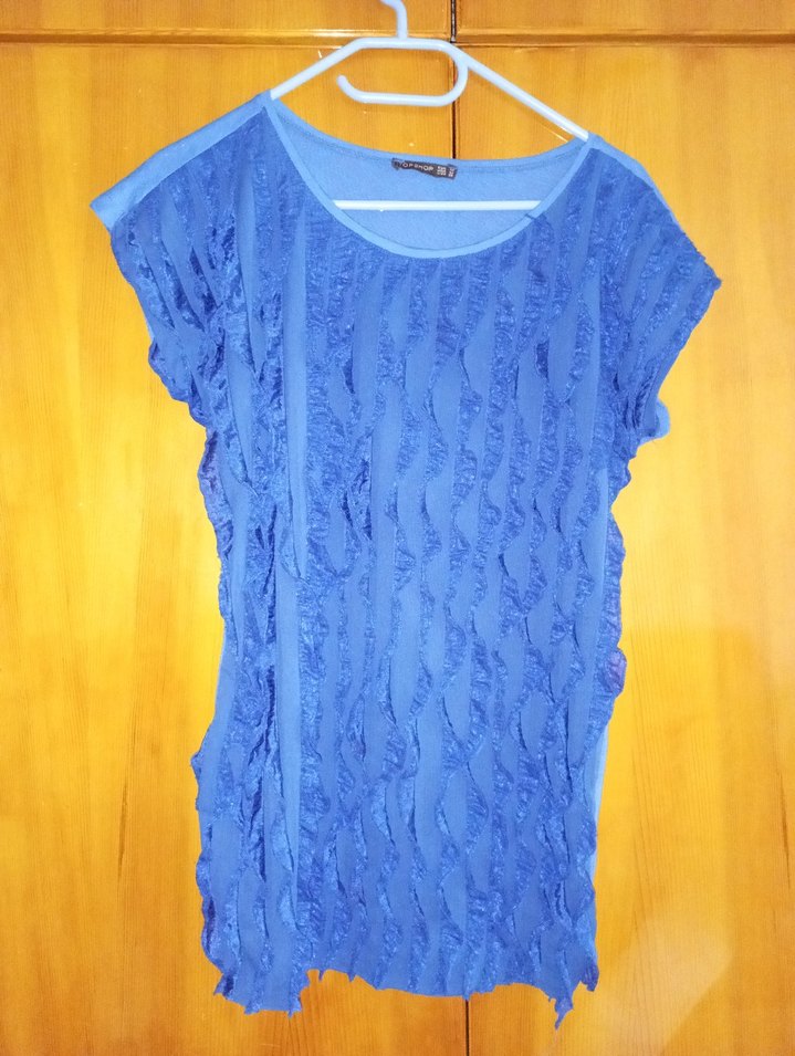 Mavi Keten  Tişörtü, Fırfırlı, Kısa Kollu - Görsel 2