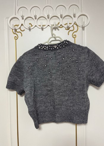 Zara Boncuk Detaylı Kısa Kollu Gri Triko Hırka