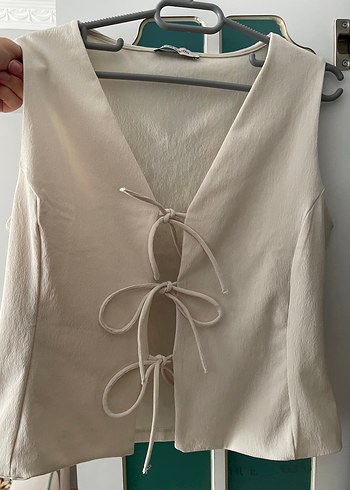 Düğmeli V Yaka Kolsuz Keten Bluz yelek - Görsel 2