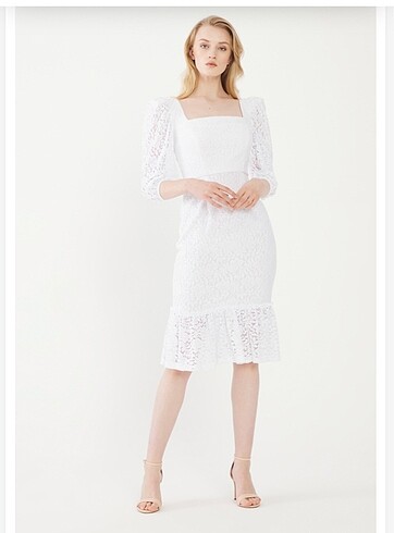 Adl cengiz abazoglu beyaz kare yaka güpürlü elbise