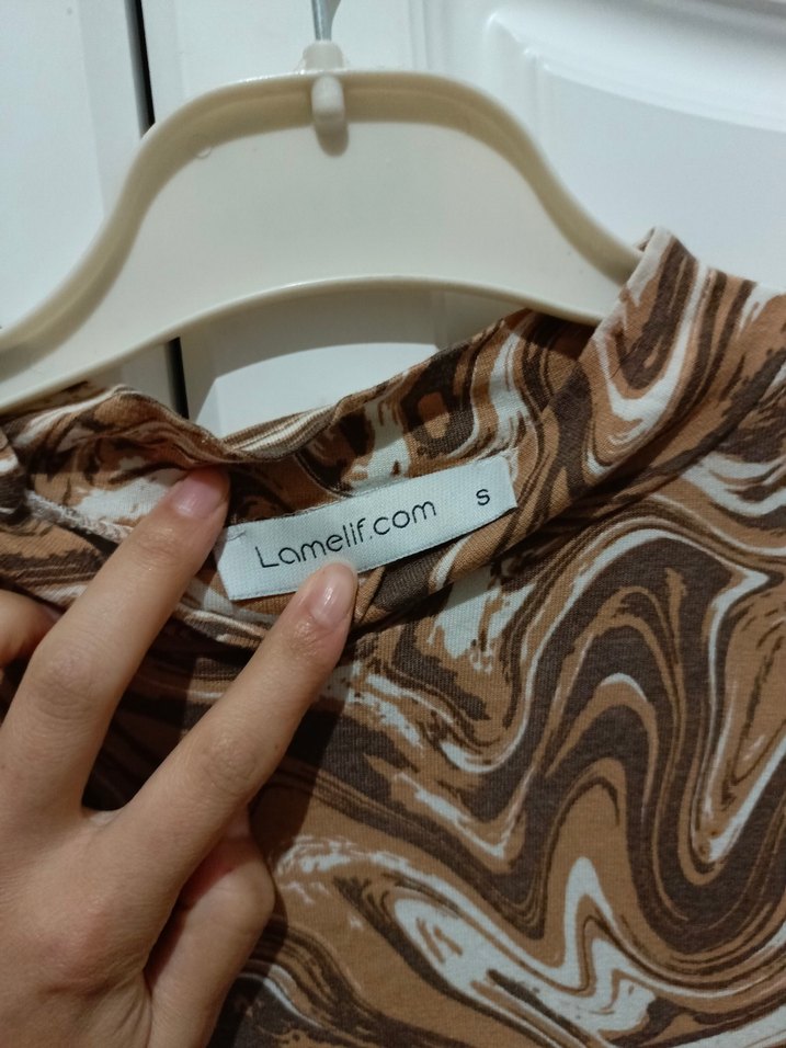 Kahverengi Batik Desenli Uzun Kollu Bluz - Görsel 2