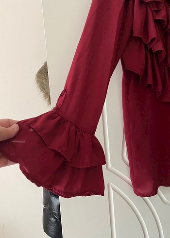 Bordo Fırfırlı Uzun Kollu Kadın Bluz - Görsel 2