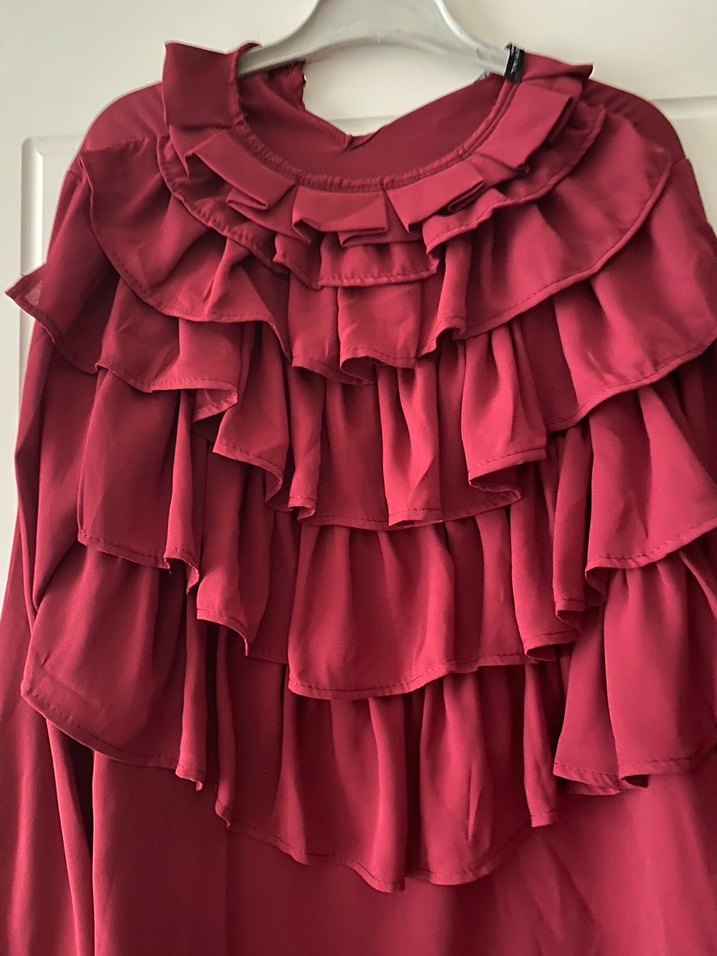 Bordo Fırfırlı Uzun Kollu Kadın Bluz - Görsel 3