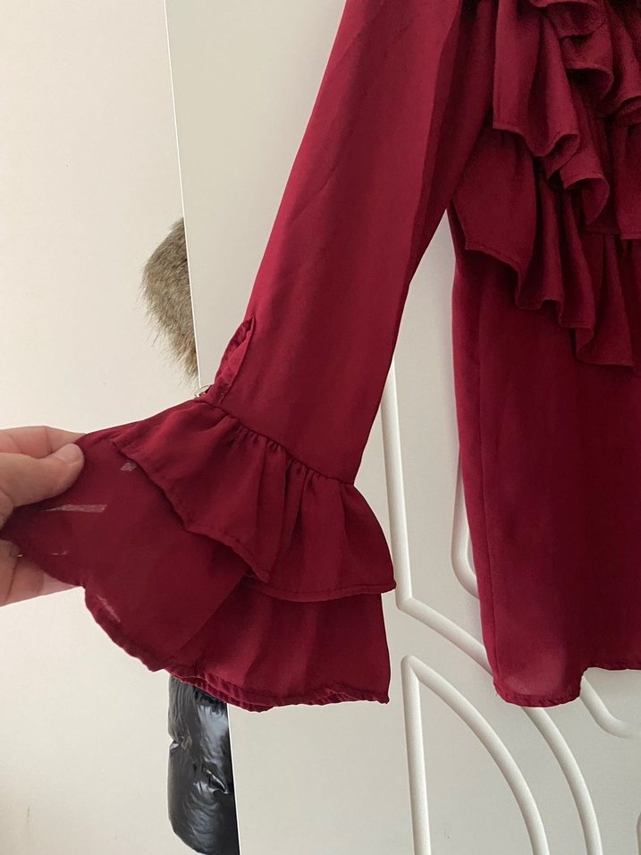 Bordo Fırfırlı Uzun Kollu Kadın Bluz - Görsel 2