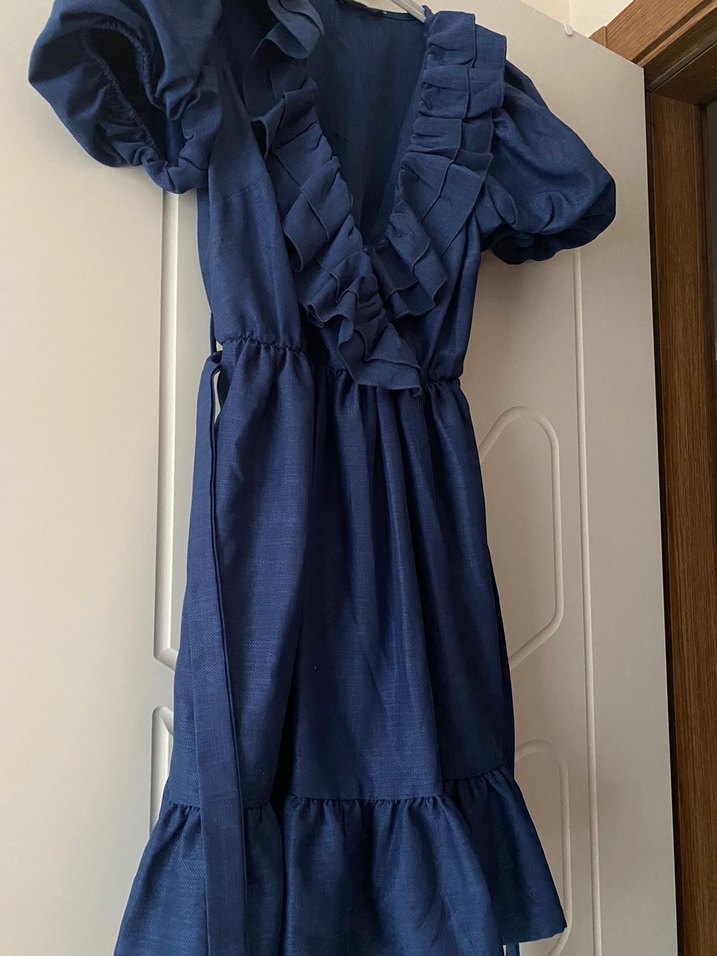 Lacivert Midi Keten Elbise, Fırfırlı V Yaka - Görsel 2